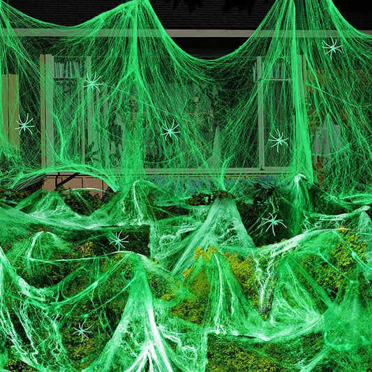 Glowing Spider Web | Stretchy Artificial Cobweb with Fake Spiders