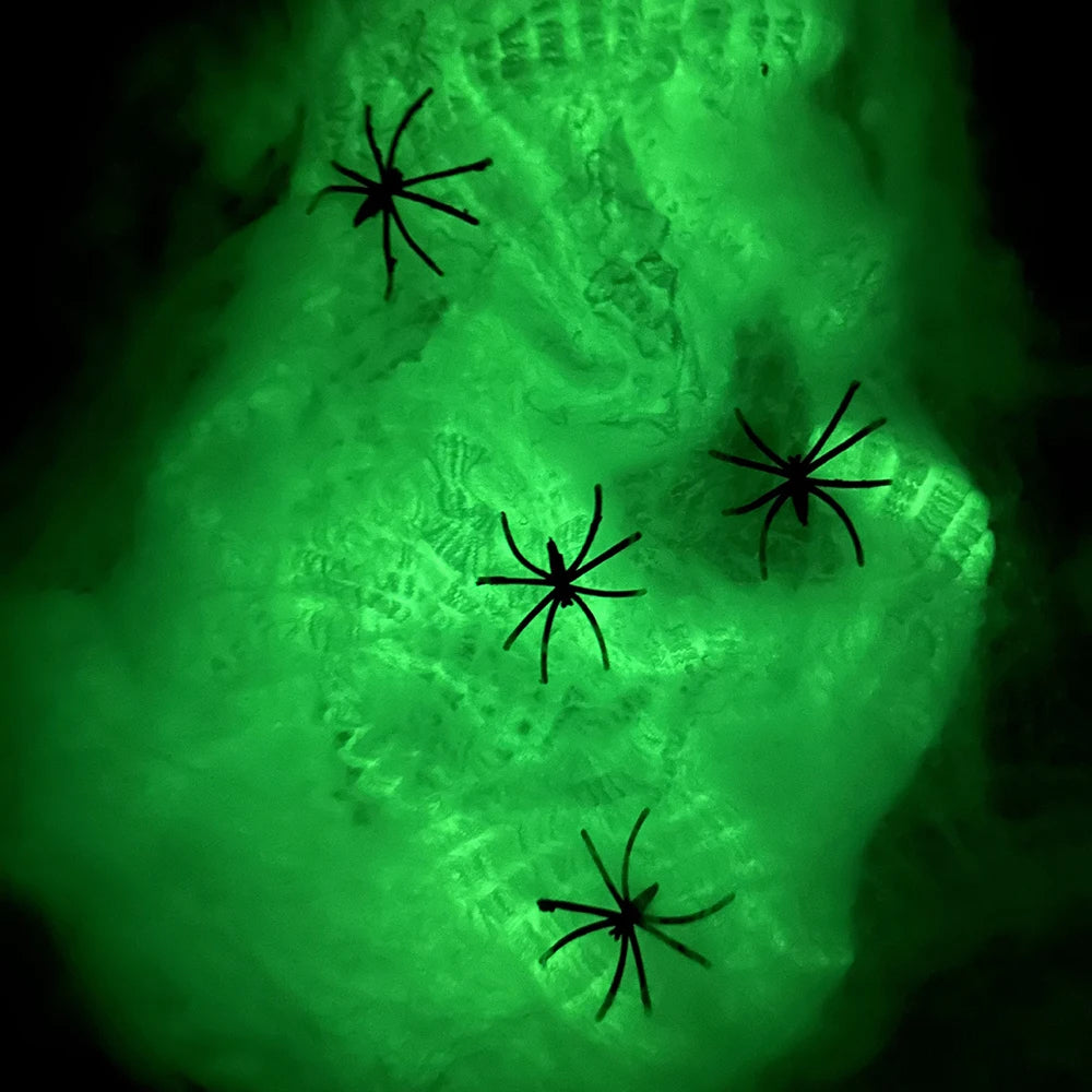 Glowing Spider Web | Stretchy Artificial Cobweb with Fake Spiders