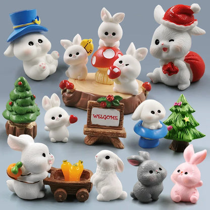 Christmas Kawaii Rabbit Figurine for Home Room Decor & Miniature Fairy Garden